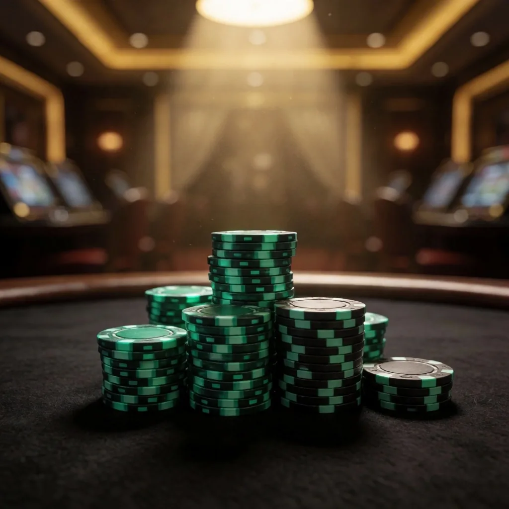 Poker chips stacked on the Alderwick House gaming floor