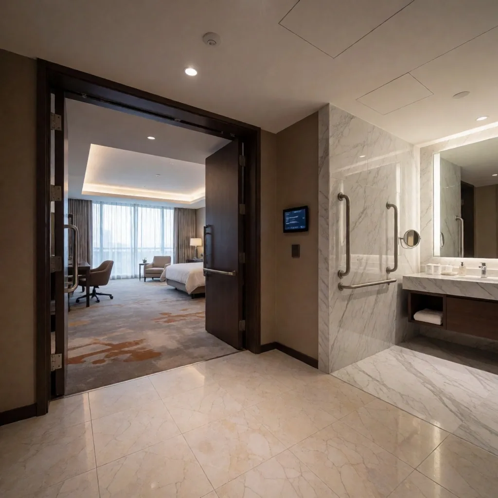 Accessible hotel room with wider doorways and grab bars