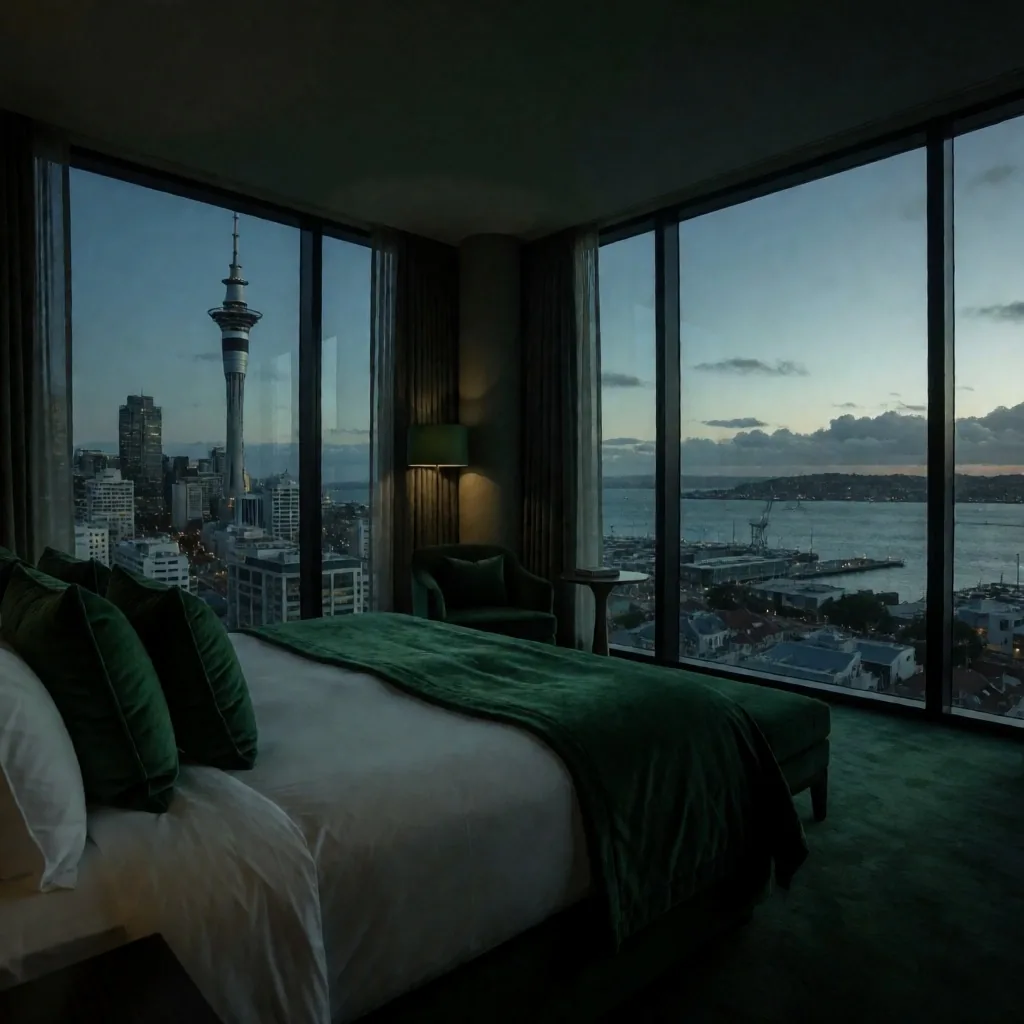 Premium suite overlooking Auckland harbour at dusk
