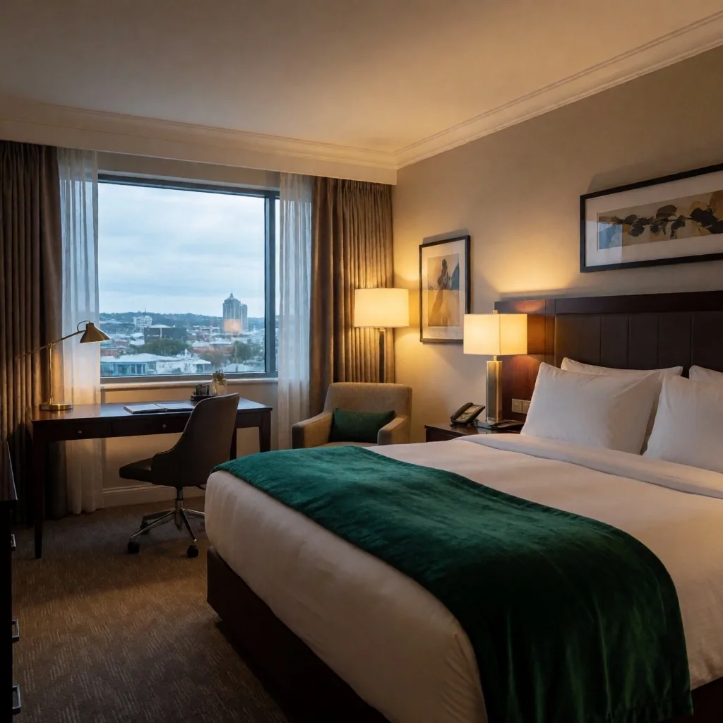 Superior guest room with king bed and workspace