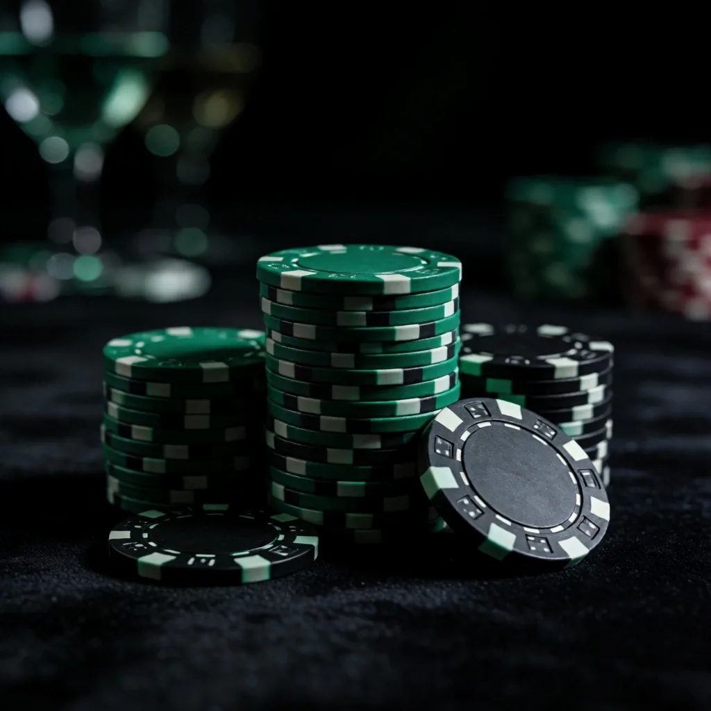 Emerald and obsidian poker chips on a dark casino table at Alderwick House Auckland