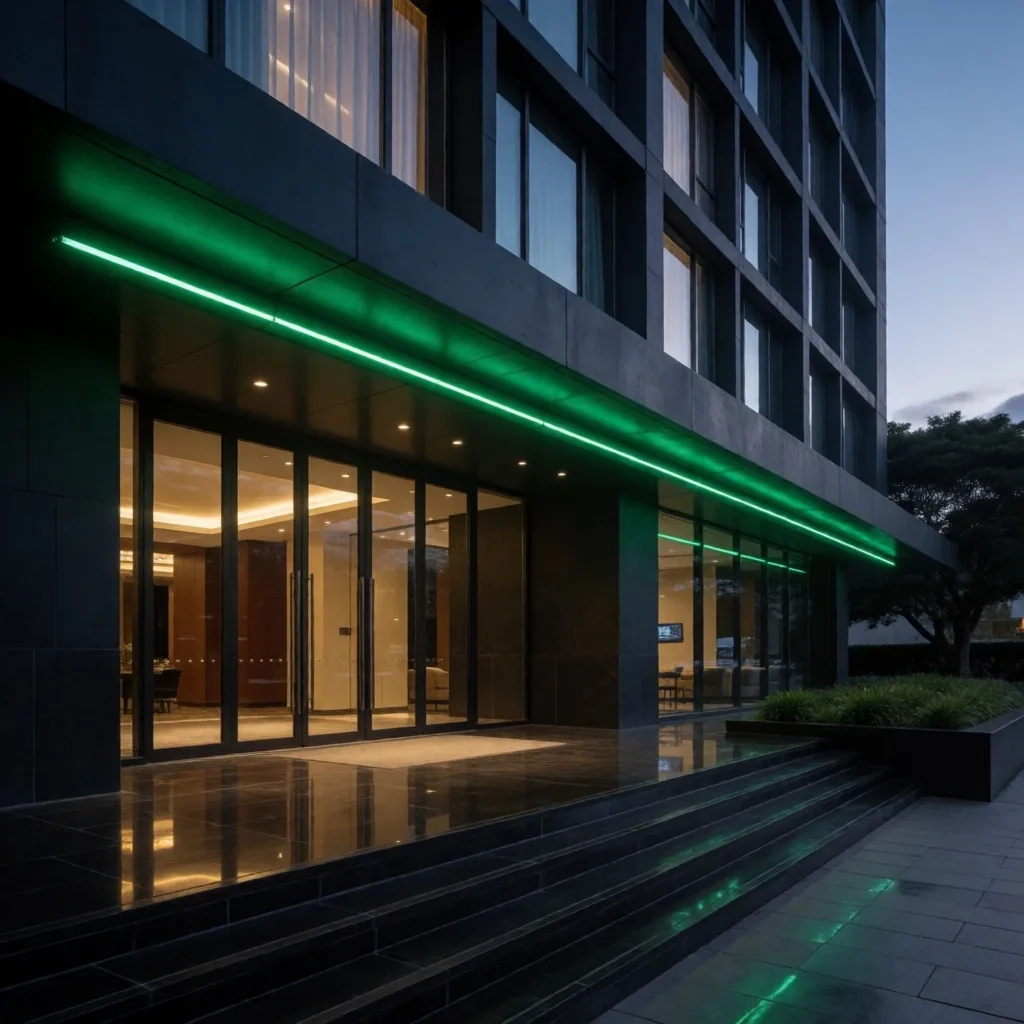 Alderwick House Auckland building entrance at night