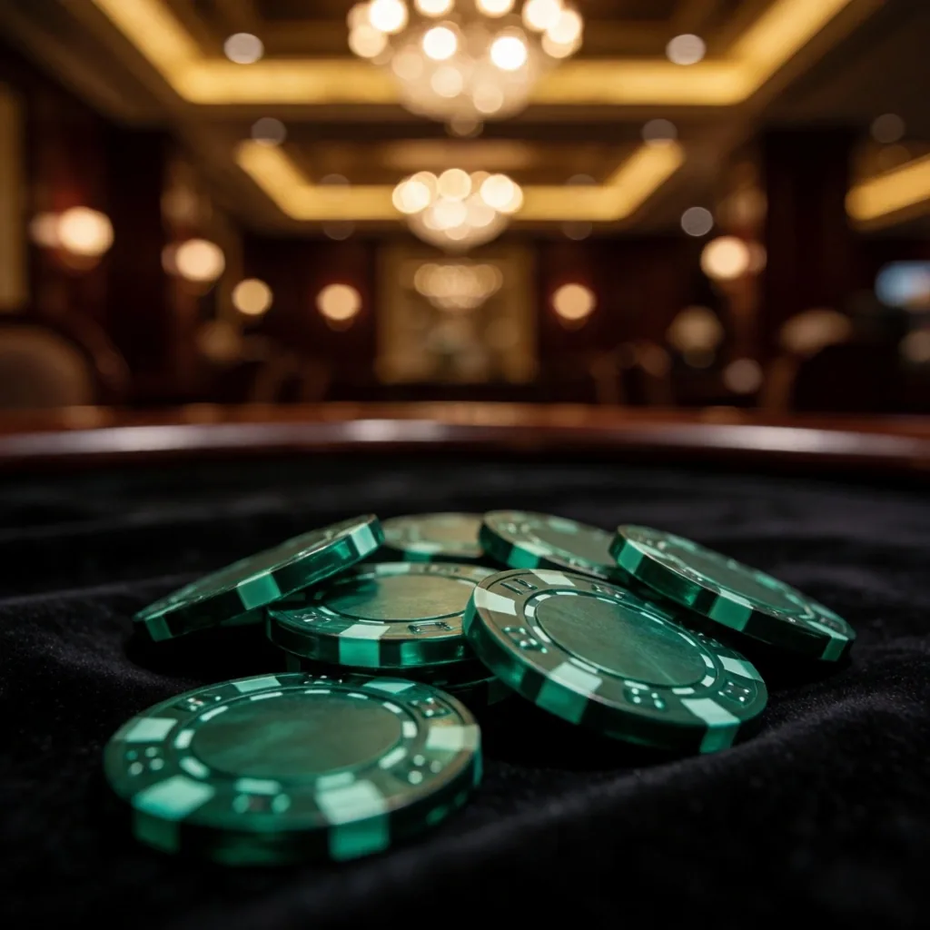Emerald-lit casino table felt surface with soft bokeh