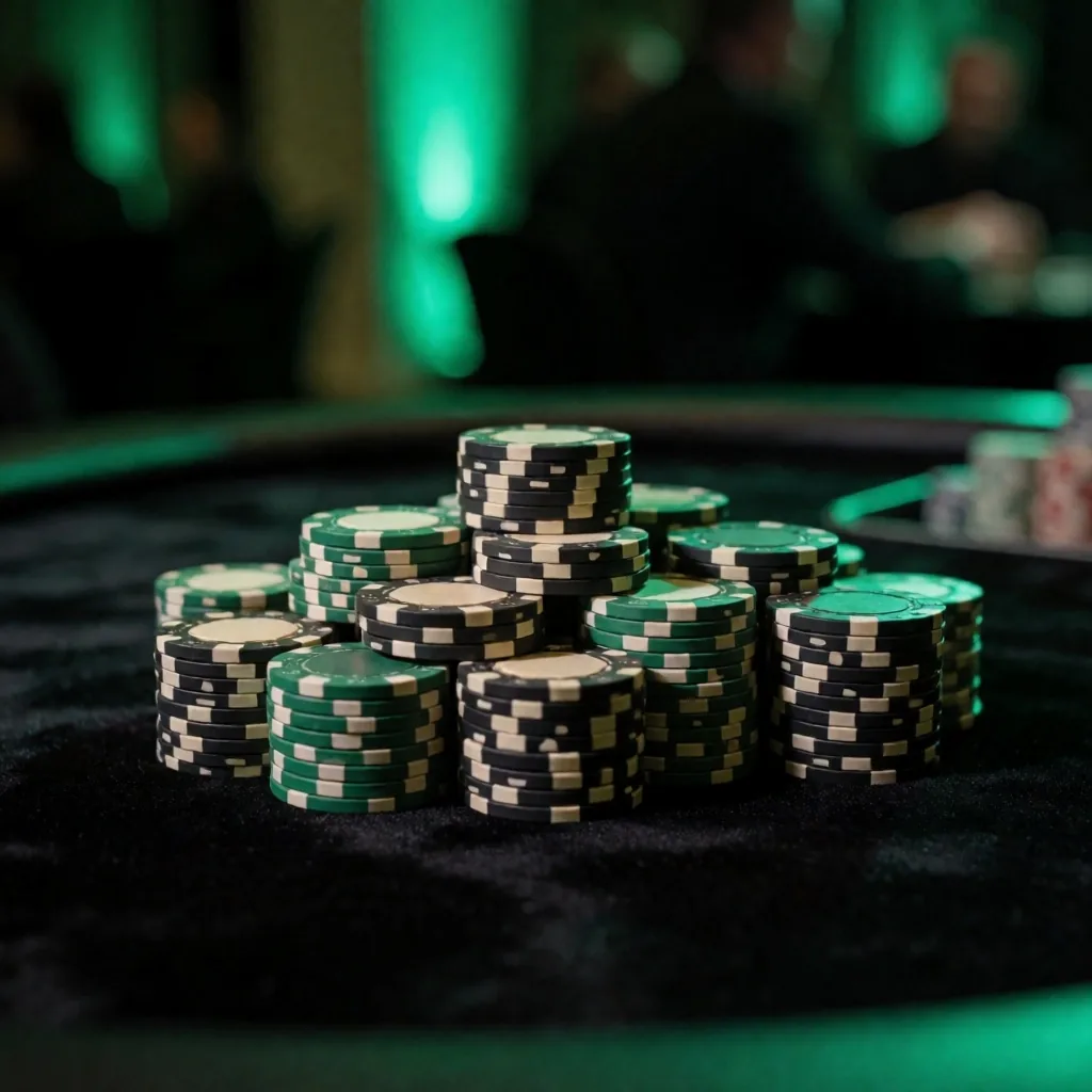 Casino chips on dark felt surface in soft lighting