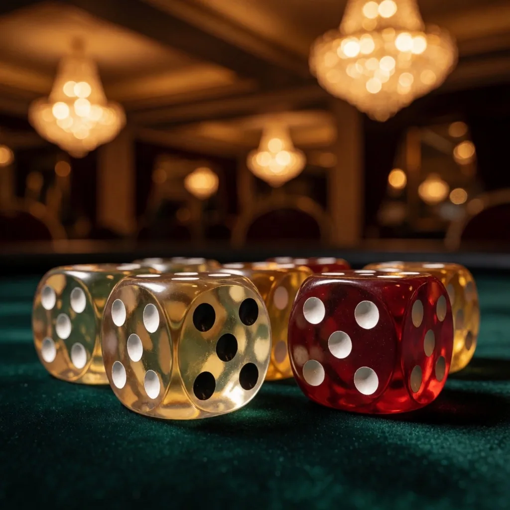Casino dice on green felt surface in warm light