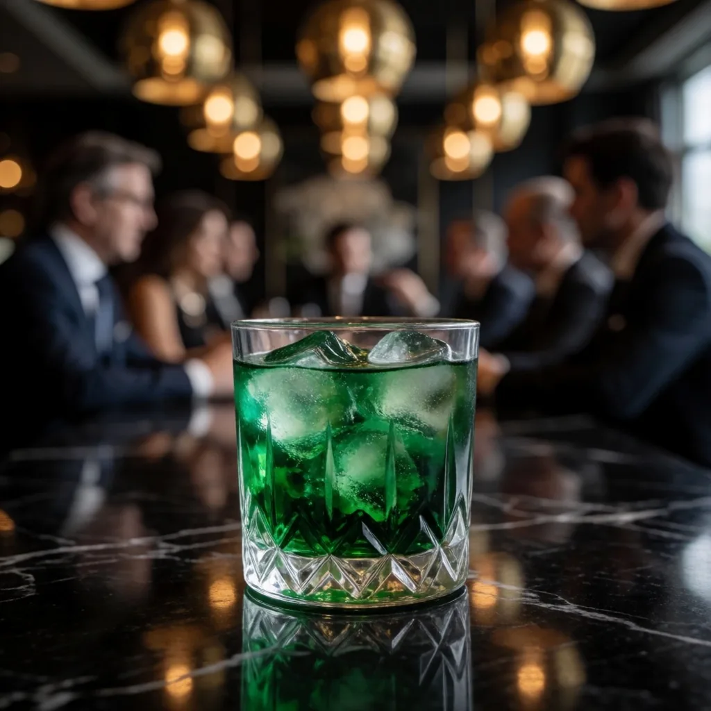 Emerald cocktail on a dark bar surface