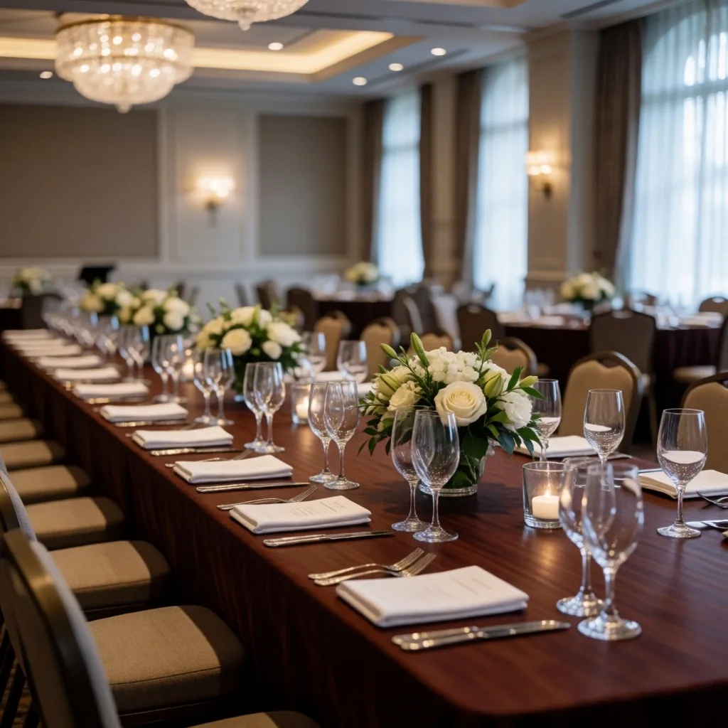 Function hall at Alderwick House Auckland set for a private event with emerald bar and stage lighting