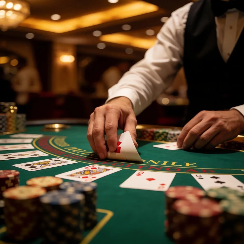Blackjack table with dealer hands dealing cards under warm low-light