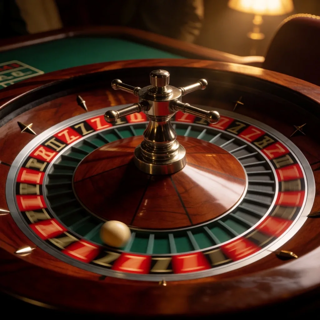 Roulette wheel in motion under warm low light
