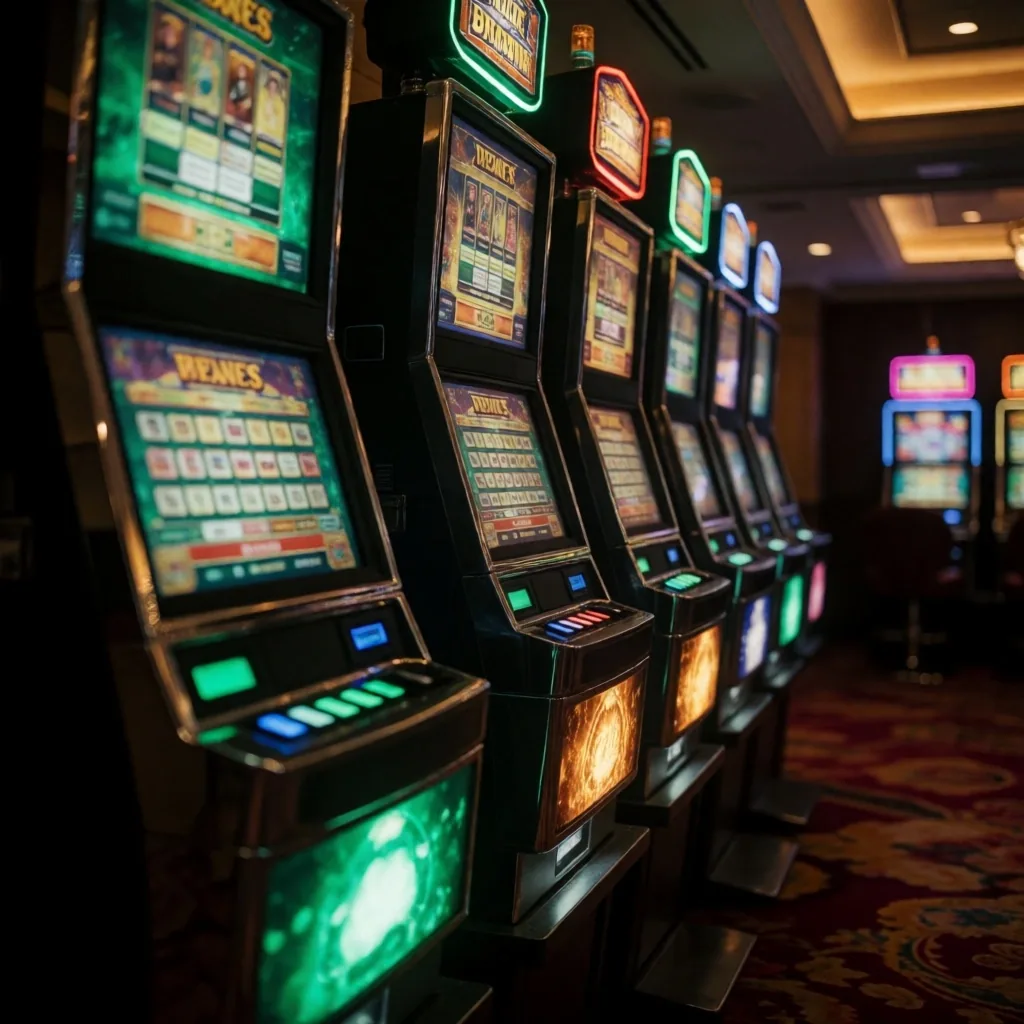 Row of modern gaming machines on the casino floor