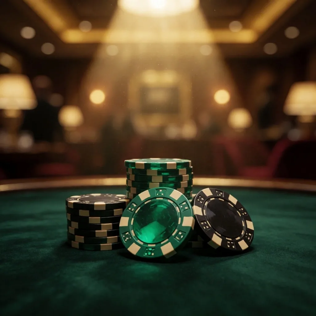 Casino chips stacked on a velvet table under warm light