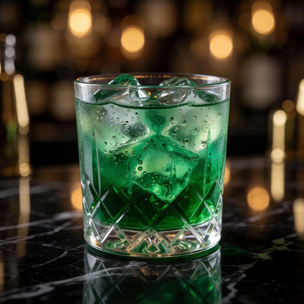 Emerald-tinted cocktail glass on a dark bar counter