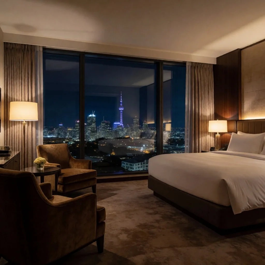 Hotel suite interior with city lights visible through windows at night