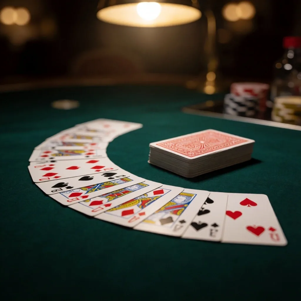 Playing cards fanned across green baize casino table under warm light