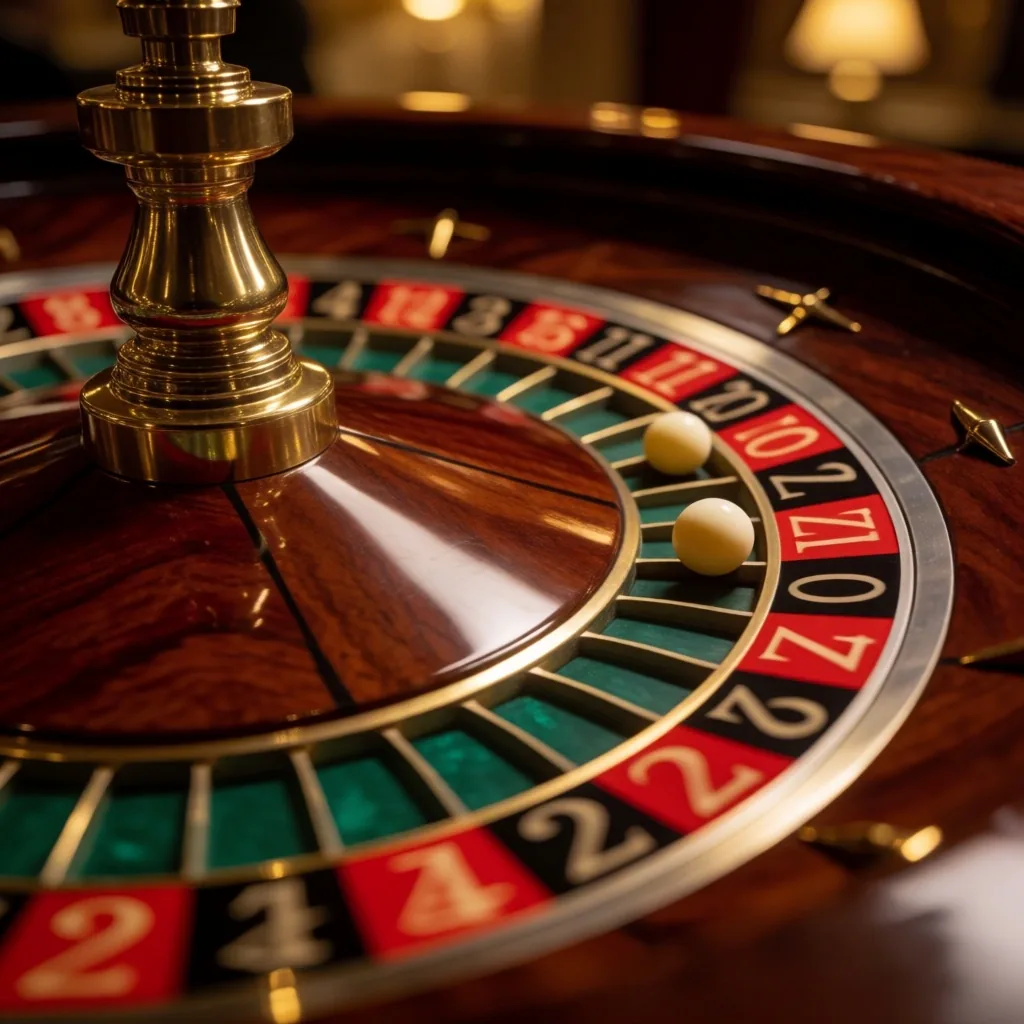 Roulette wheel with ball settling on a number under warm golden light