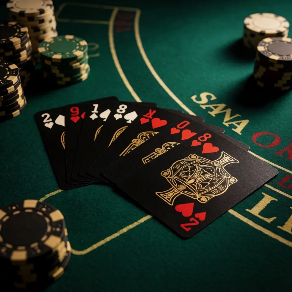 Emerald-lit gaming table felt with cards and chips