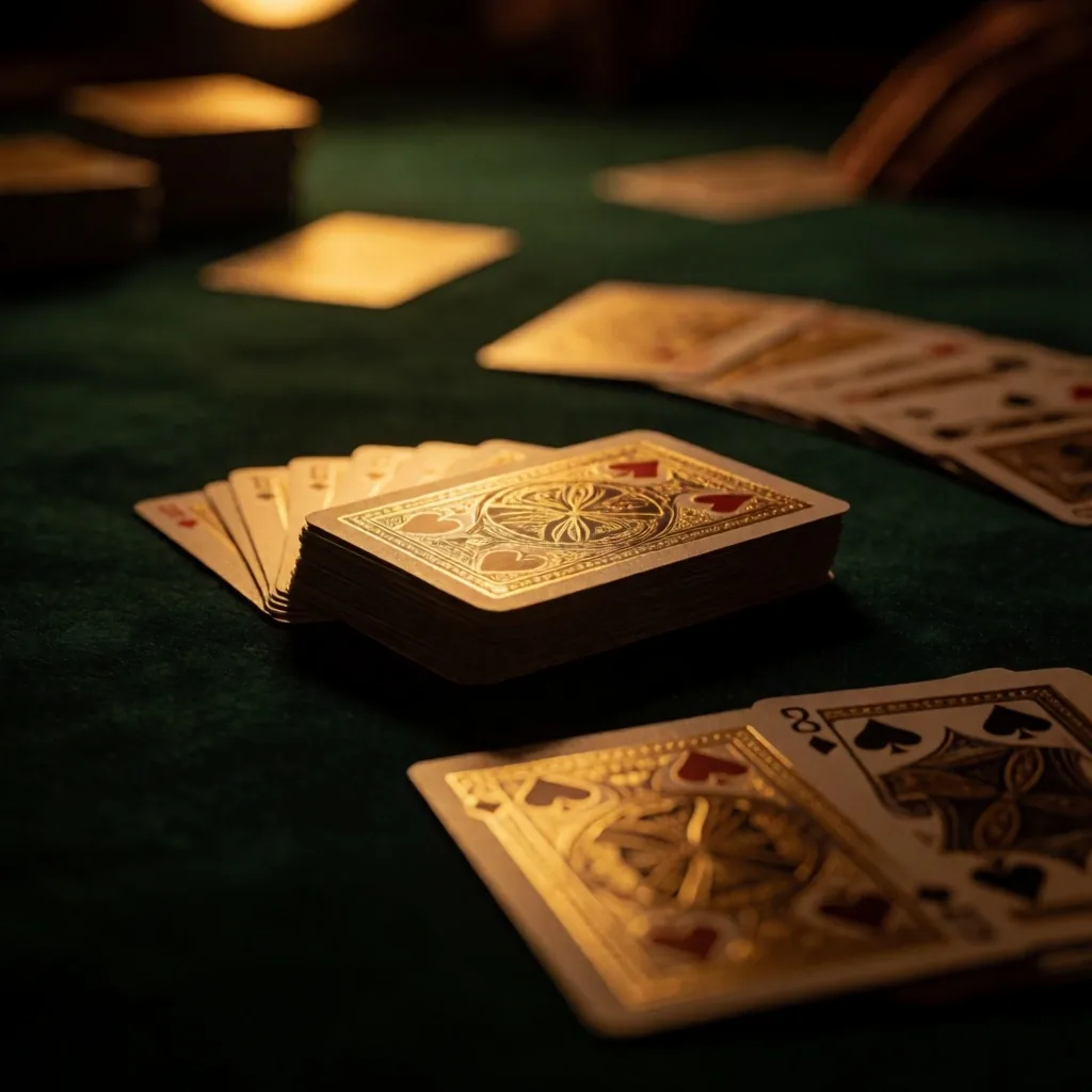 Playing cards on green felt under warm light