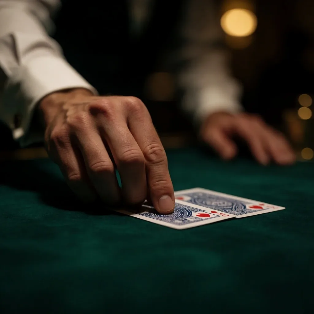 Dealer's hand placing cards on dark felt during a table game at Alderwick House Auckland