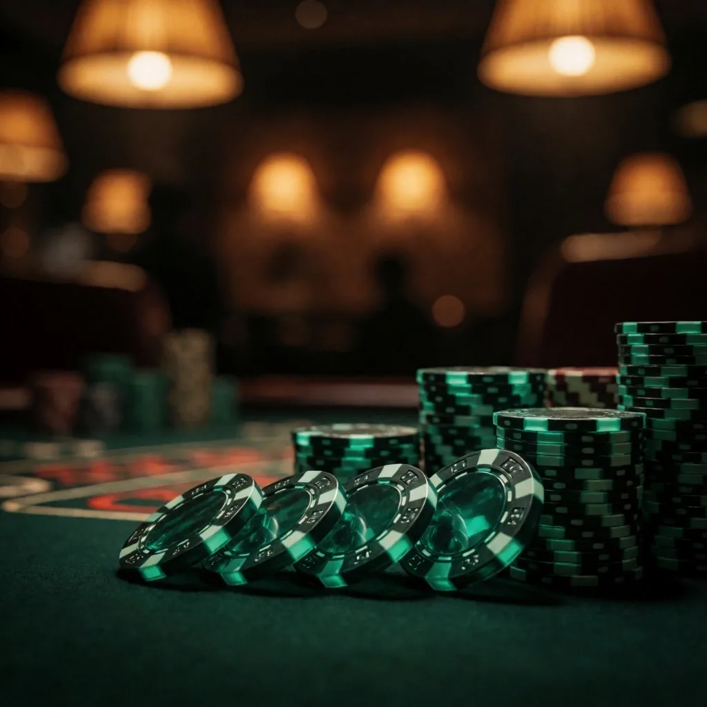 Casino chips arranged on green felt gaming table at Alderwick House Auckland