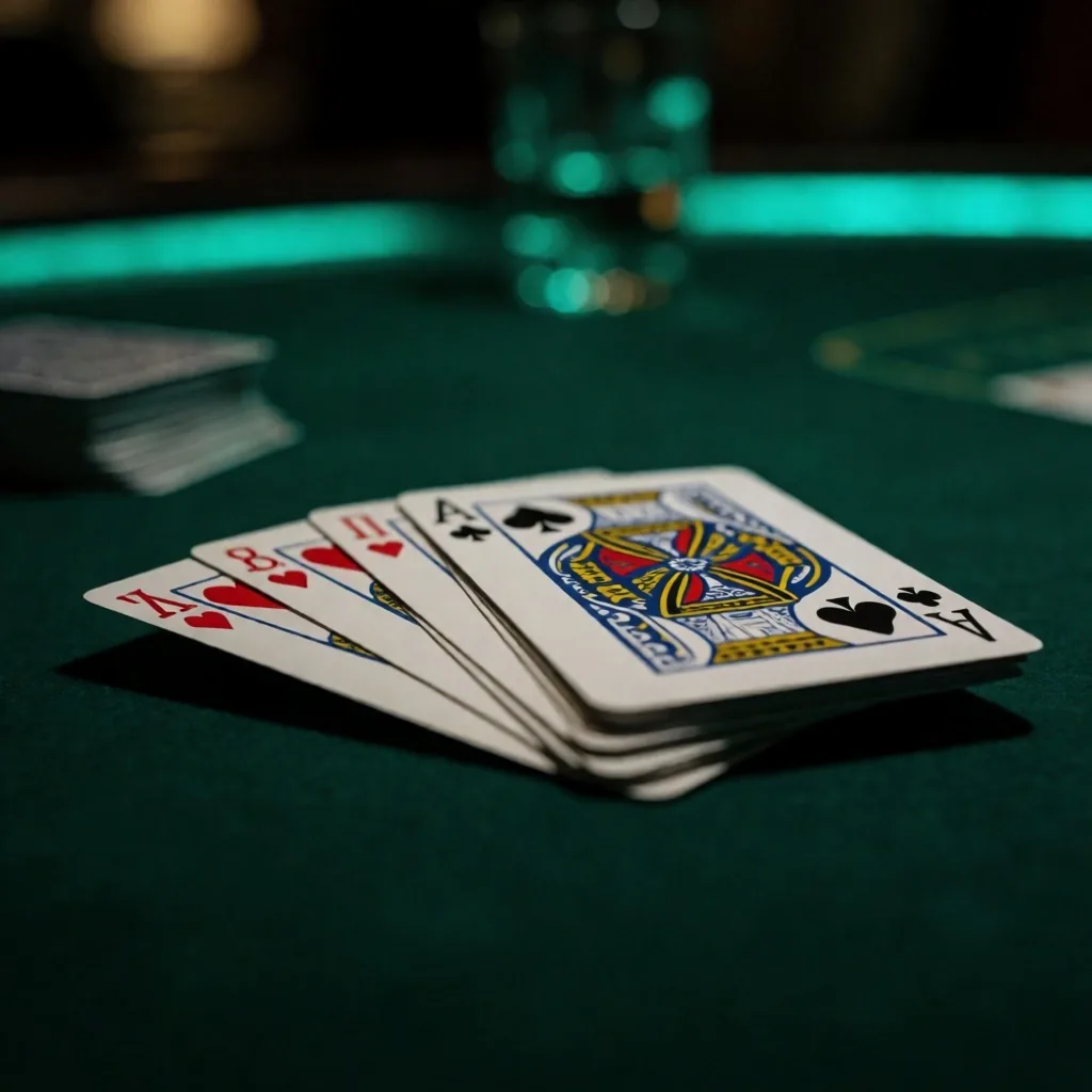 Playing cards on green felt gaming table